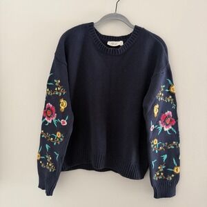 RD Style Navy Blue Floral Embroidered Cotton Shaker Knit Sweater M Boho Cottage